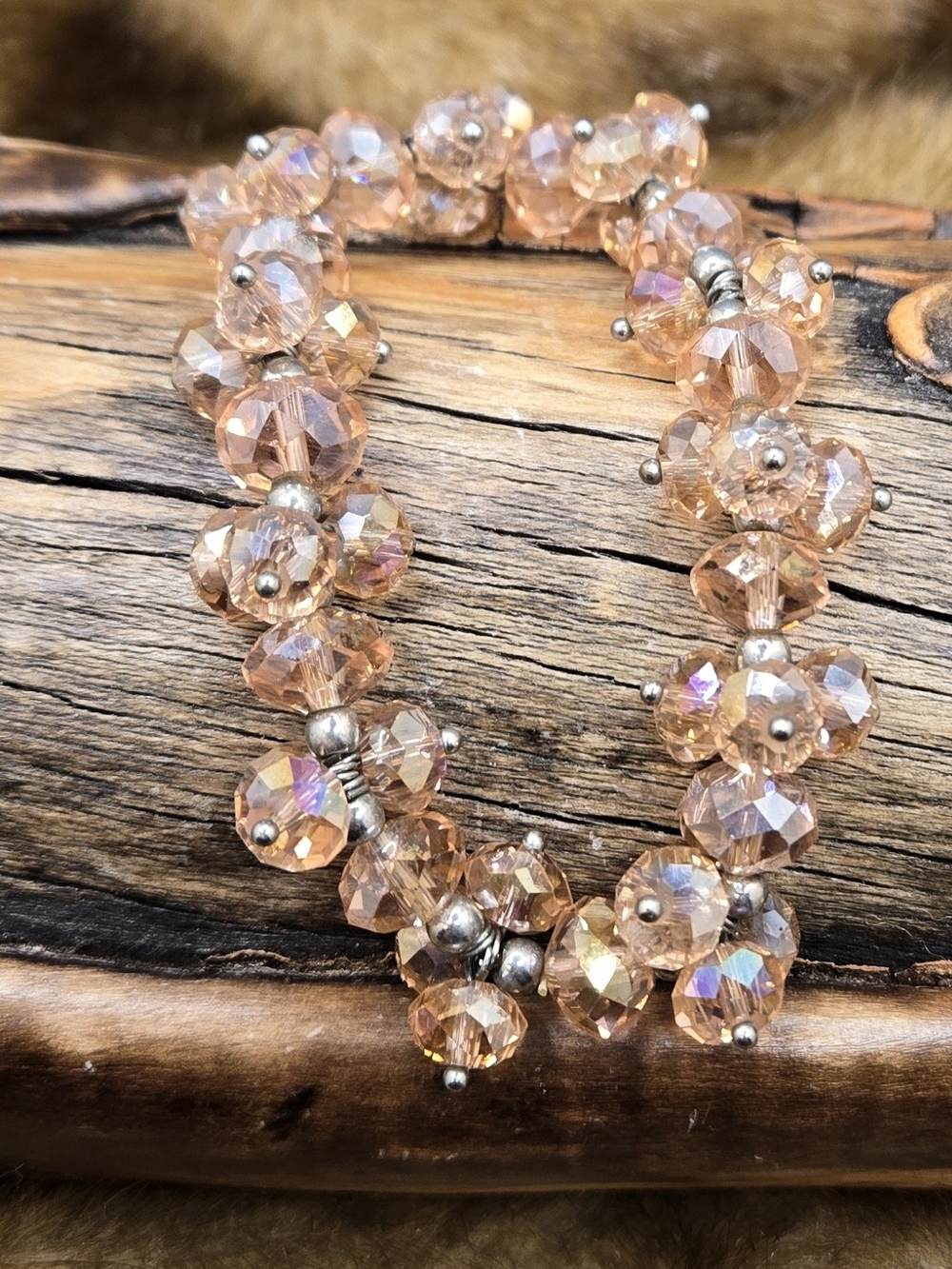 Pink Crystal Cluster Stretch Bracelet Faceted Glass Crystal Silver Tone